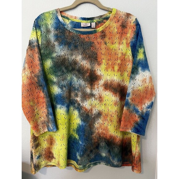 LOGO QVC Knit Eyelet Tie-Dye Top Wild Lime Size M 3/4 Sleeve Stretchy Tee - New - Picture 3 of 11